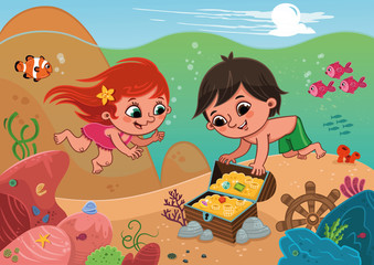 Obraz na płótnie Canvas Treasure Hunters. Two kids found a treasure chest while diving. (Vector illustration)