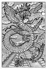 Quetzalcoatl Feathered Serpent. Engraved fantasy illustration. See all collection in my portfolio