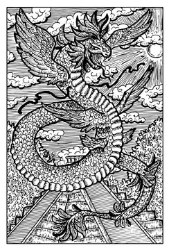 Quetzalcoatl Feathered Serpent. Engraved fantasy illustration. See all collection in my portfolio