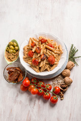 pasta with dried tomatoes green olives and sicilian pesto