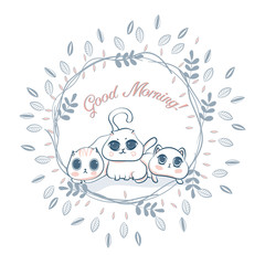 Cute cat and laurel wreath doodle hand drawing vector illustration