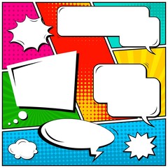 Abstract creative concept vector comic pop art style blank, layout template with clouds beams and isolated dots background. For sale banner, empty speech bubble set, illustration halftone book design.