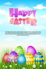 Happy Easter Decorated Colorful Egg Holiday Symbols Greeting Card Flat Vector Illustration