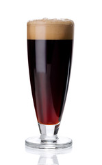 Misted glass of red beer on white.