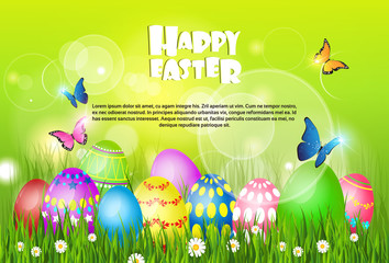 Happy Easter Decorated Colorful Egg Holiday Symbols Greeting Card Flat Vector Illustration