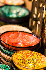 Handmade and painted colorful traditional plates on medina souke