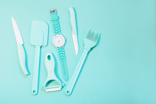 Cooking tools and kitchen utensil on color background