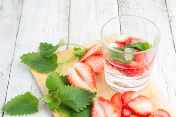 with strawberry and mint close-up drink