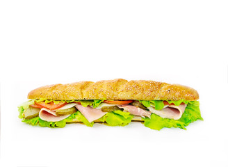 long sandwich with ham and cheese on white background 3