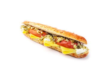 long sandwich with sausage and cucumber on white background 2