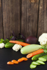 fresh vegetables on rustic background with copy space