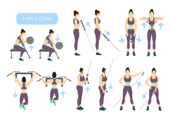Fototapeta na wymiar Arms workout set on white background. Exercises for women. Triceps, biceps strength.