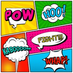 Abstract creative concept vector comic pop art style blank, layout template with clouds beams and isolated dots background. For sale banner, empty speech bubble set, illustration halftone book design.