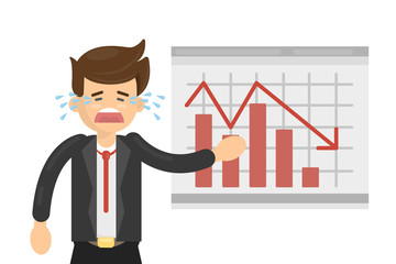 Sad businessman with bad statystics on the board. Red arrow falls down. Cartoon man cries.