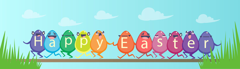 Easter Decorated Colorful Egg Holiday Symbols Greeting Card Flat Vector Illustration