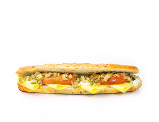 long sandwich with sausage and cucumber on white background 3