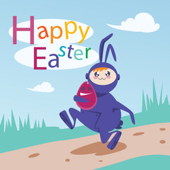 Easter Decorated Rabbit Colorful Egg Holiday Symbols Greeting Card Flat Vector Illustration