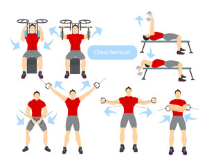 Chest workout set on white background. Exercises for men. Hard training.