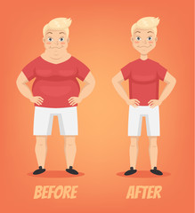 Fototapeta premium Before and after sport man character. Vector flat cartoon illustration
