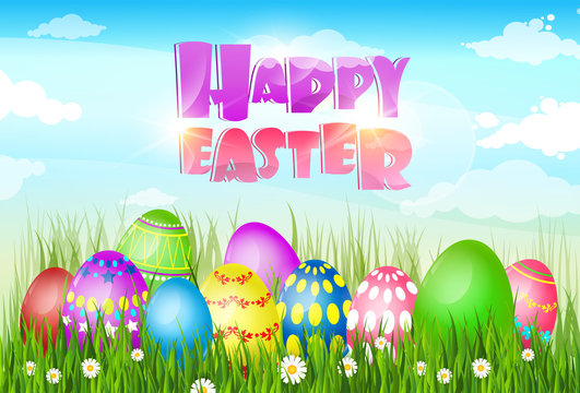Happy Easter Decorated Colorful Egg Holiday Symbols Greeting Card Flat Vector Illustration