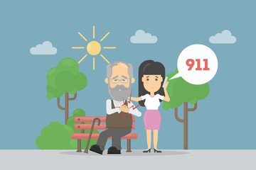 Heart attack symptoms. Woman calls 911 for emergency to help old man with heart attack.