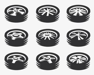 Isolated black and white color alloy wheels logo collection, car elements logotype set vector illustration.