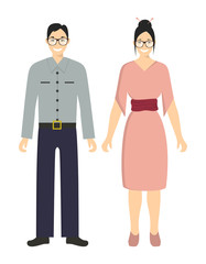 Isolated japanese couple on white background. Woman and man in traditional costumes in modern style.