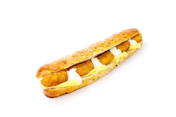 long sandwich with nuggets on white background