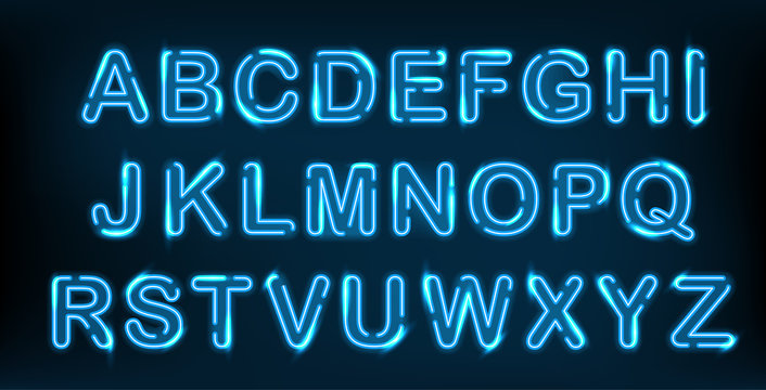 Neon alphabet set on black background. Decoration for night club or ad.