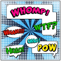 Abstract creative concept vector comic pop art style blank, layout template with clouds beams and isolated dots background. For sale banner, empty speech bubble set, illustration halftone book design.