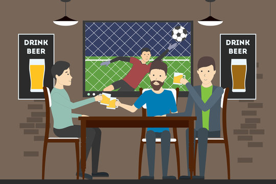 Men sit in pub and watch football match. Relaxing, having fun and drinking alcohol.