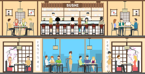 Sushi bar interior set. oriental style. Bar, tables and kitchen. Asian chefs and waitresses.