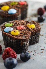 Chocolate dessert decorated with blueberries and raspberries