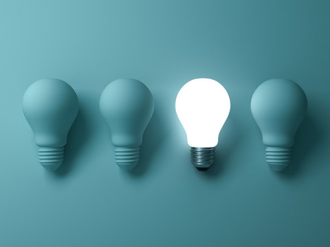 One glowing light bulb standing out from the unlit incandescent bulbs on green background , individuality and different creative idea concepts . 3D rendering.
