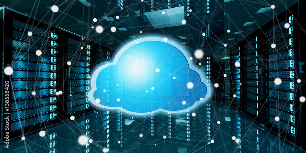 Poster Server room data center with cloud blue icon 3D rendering