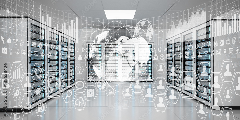 Poster Graph holograms flying over server room data center 3D rendering