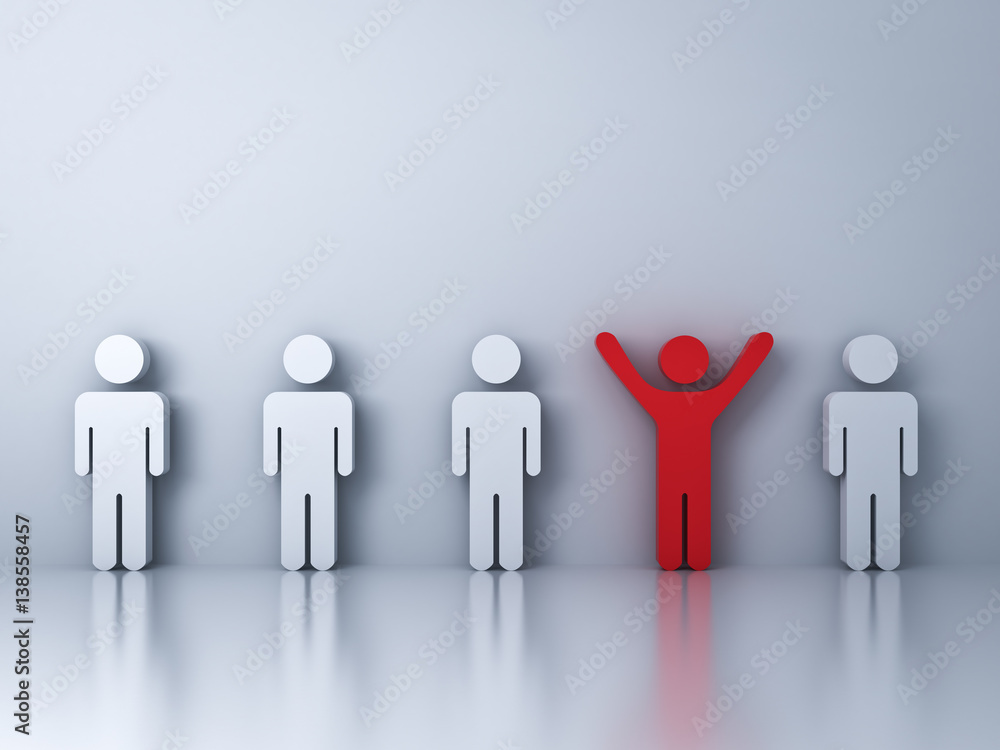 Fototapete Stand out from the crowd and different creative idea concepts , One red man standing with arms wide open among other people on green background with reflections and shadows . 3D rendering.