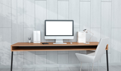 Modern workplace interior with computer and devices 3D rendering