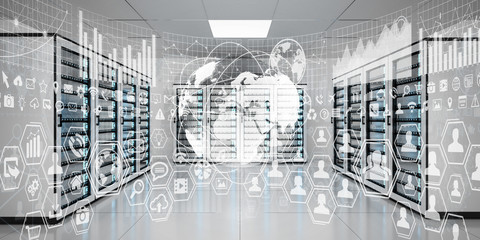 Graph holograms flying over server room data center 3D rendering