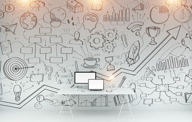 Manuscript project presentation written on a grey wall over desktop 3D rendering