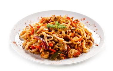 Rice noodles with meat, sauce and vegetables 