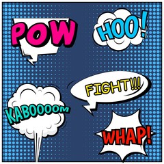 Abstract creative concept vector comic pop art style blank, layout template with clouds beams and isolated dots background. For sale banner, empty speech bubble set, illustration halftone book design.