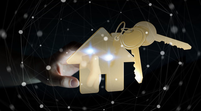 Businesswoman touching key with house keyring in her finger 3D rendering