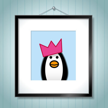 Single Penguin Wearing Party Hat in Picture Frame