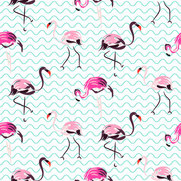 Hand drawn purple flamingo bird on blue zigzag waves seamless pattern. Tropic birds on white with brush strokes and hand painted pink plumage decoration.