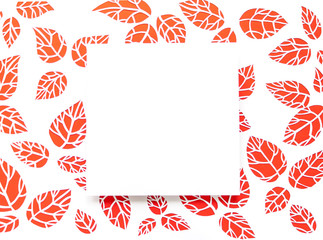 square frame with white, red background leaves. leaves cut from paper