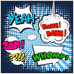 Abstract creative concept vector comic pop art style blank, layout template with clouds beams and isolated dots background. For sale banner, empty speech bubble set, illustration halftone book design.