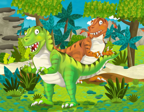 cartoon pair of dinosaurs tyranosauruses illustration for children