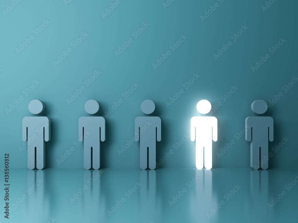 Aufkleber Stand out from the crowd and different creative idea concepts , One glowing light man standing among green people on green background with reflections and shadows . 3D rendering.