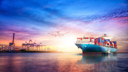 Logistics and transportation of International Container Cargo ship in the ocean at twilight sky,...